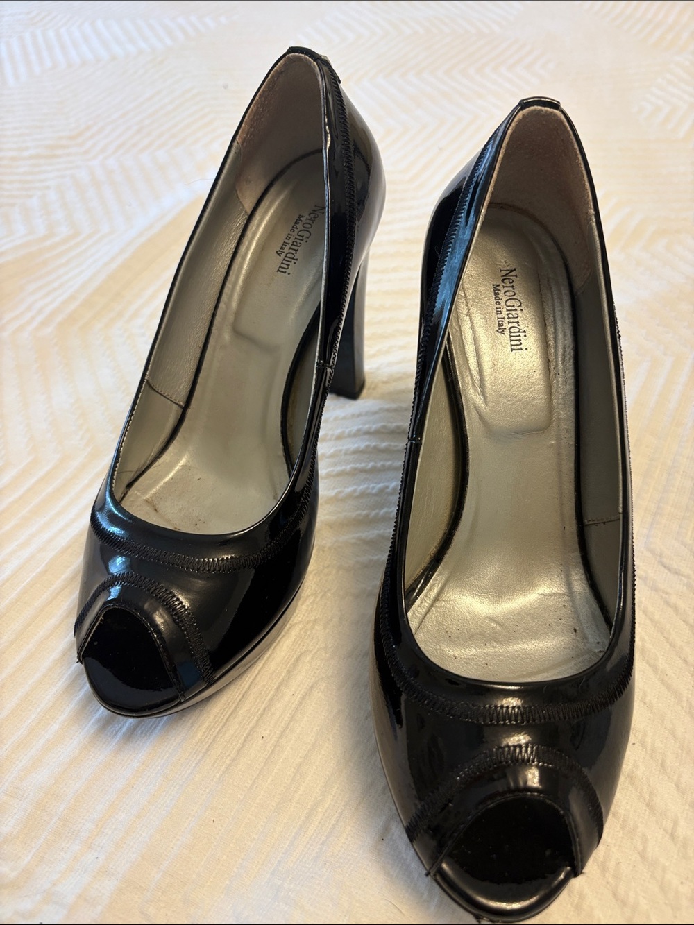 Nero Giardini Black Patent Leather Peep-Toe Heels